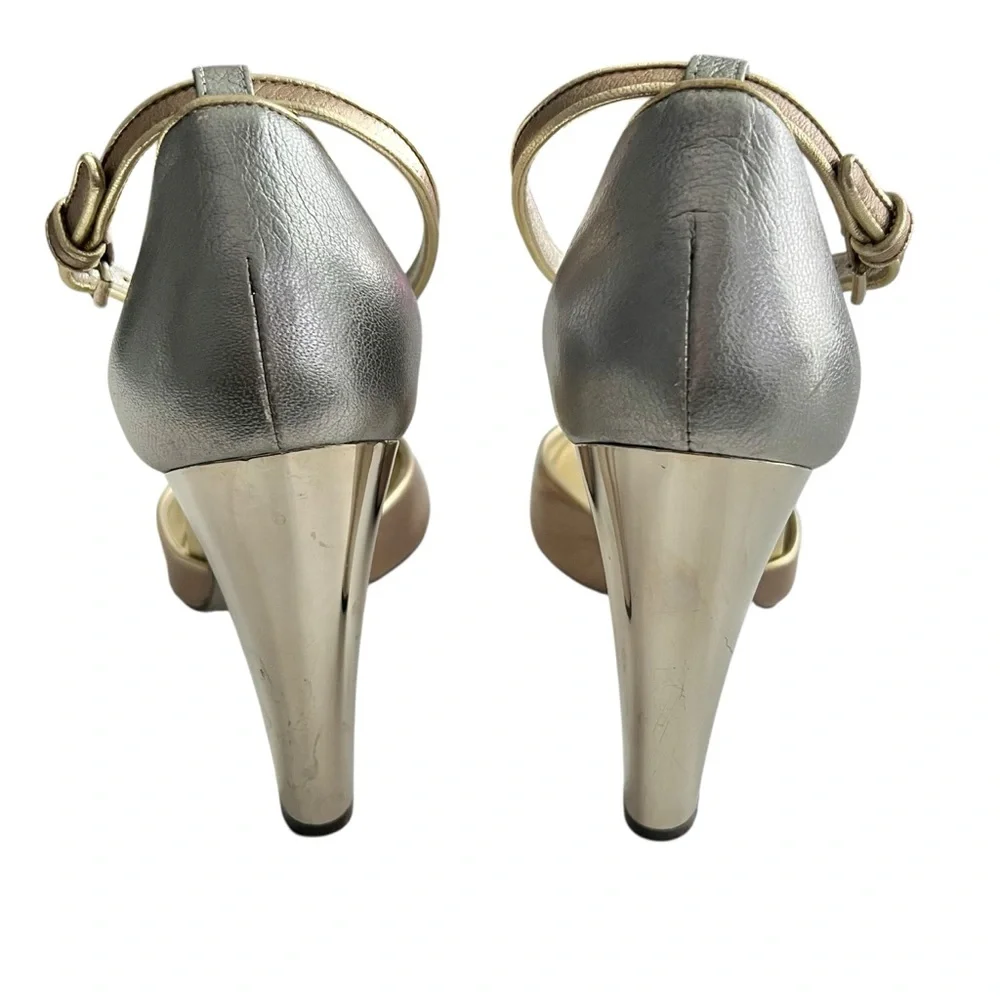 VTG Dolce & Gabbana D&G Leather Metallic T-Strap Peep Toe Mirror Block Heels - Picture 9 of 13